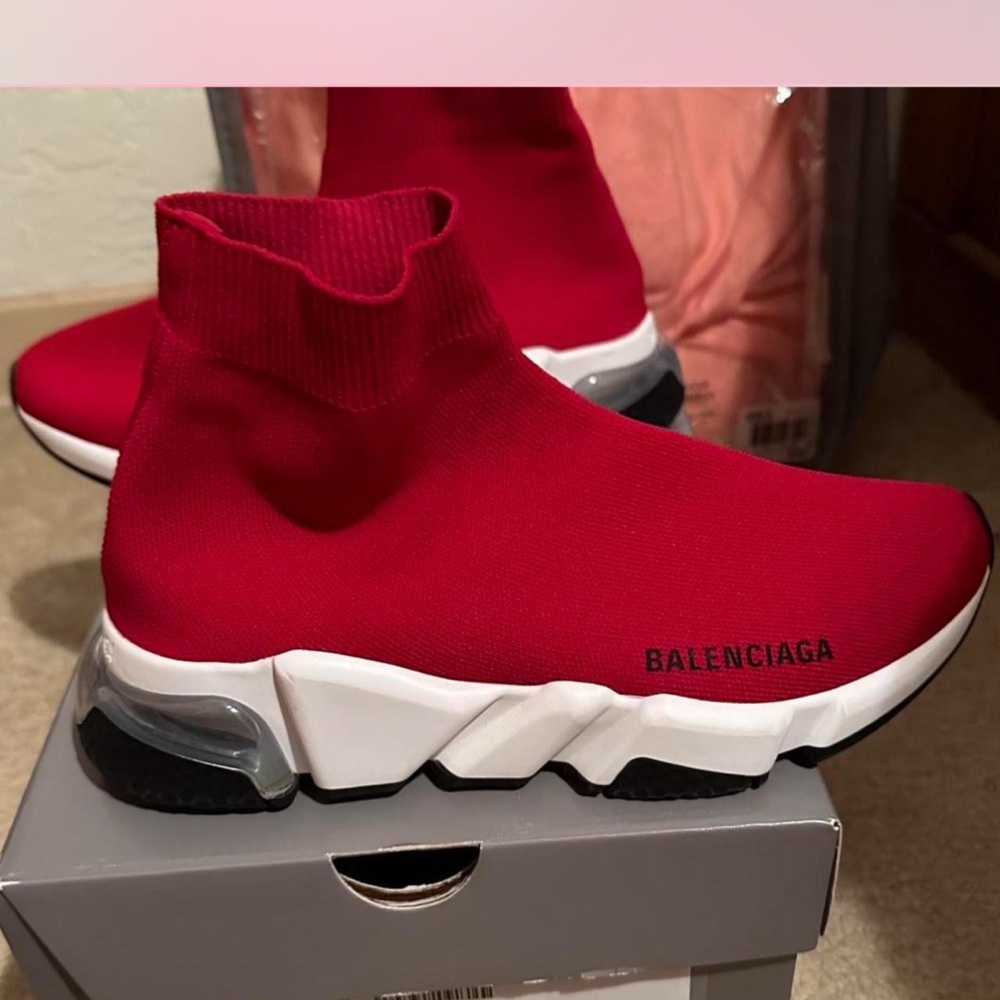 Balenciaga Red and White Knit Sneakers - Picture 5 of 8